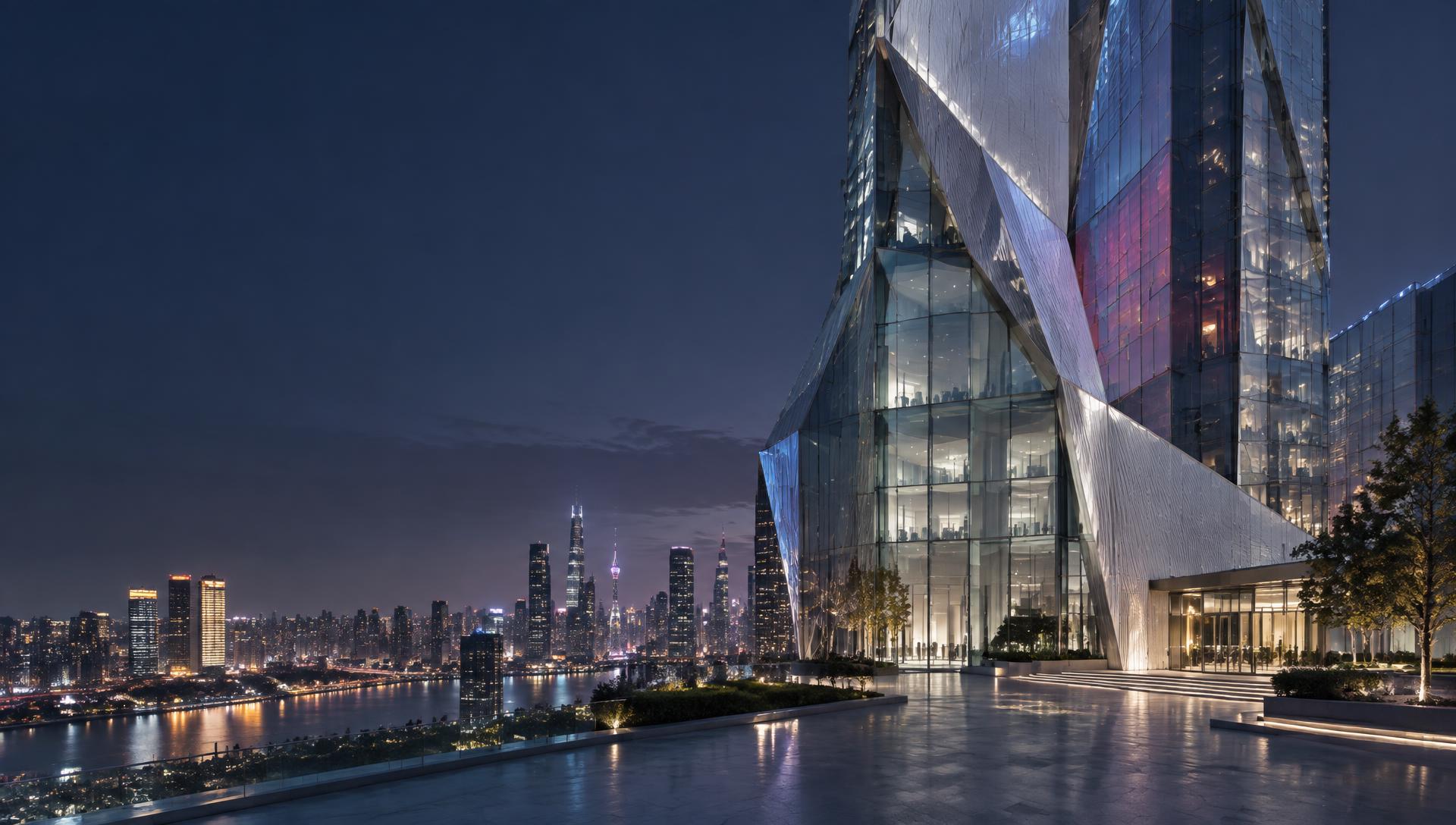 Sculptural glass architecture overlooking a modern city